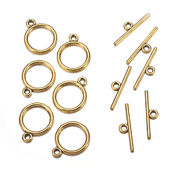 Antique Golden Tibetan Style Toggle Clasps, Lead Free & Cadmium Free & Nickel Free, Rondelle, Antique Golden, Size: Ring: about 15mm in diameter, 2mm thick, hole: 2mm, Bar: 21mm long, hole: 2mm