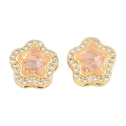 Персиковый Слойка Латунные прозрачные бусины из кубического циркония, без кадмия и без свинца, стойки покрытие, долговечный, смолой цветок, реальный 18 k позолоченный, розовые, 13x13x7 мм, отверстие : 1.5 мм