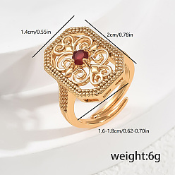 Красный Латунные микропаве кубические цирконии геометрические полые регулируемые кольца для женщин, восьмиугольник с цветочным узором, золотые, красные, 20x14 мм, внутренний диаметр: регулируемый