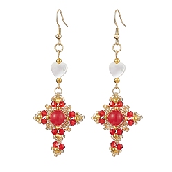 Malaysia Jade Natural Mixed Stone & Glass Seed Beads Dangle Earrings for Women, Cross, Golden, Red, 76x27mm