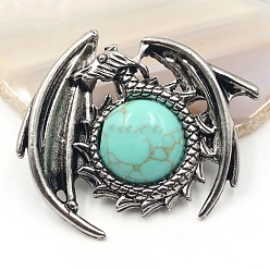 Synthetic Turquoise Synthetic Turquoise Pendants, Dragon Charms, Antique Silver, 47x40mm