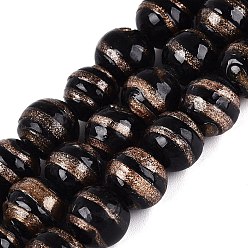 Schwarz Handgemachte Glasperlen Goldsand-Stränge, Runde mit Spiralstreifen, Schwarz, 10 mm, Bohrung: 1~1.8 mm, ca. 40 Stk. / Strang, 14.17~15.16 Zoll (36~38.5 cm)