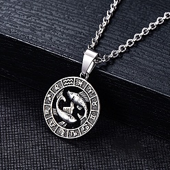 Рыбы Подвески из нержавеющей стали, не тускнеющие, цвет нержавеющей стали, плоский круглый с подвеской в виде созвездия, Рыбы, 28x25 мм