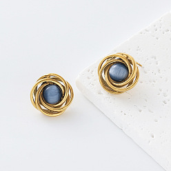 Steel Blue Imitation Gemstone 304 Stainless Steel Resin Stud Earrings for Women, Flower, Golden, Steel Blue, 17mm