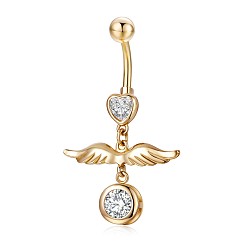 Transparent Piercing-Schmuck, umweltfreundlicher kubischer Zirkiona-Nabelring aus Messing, Bauchringe, mit 304 Edelstahlleiste, Flügel, Transparent, 41.5 mm, Anhänger: 19.5x25.5 mm, Stange: 14 Spurweite(1.6mm), Stangenlänge: 3/8"(10mm)