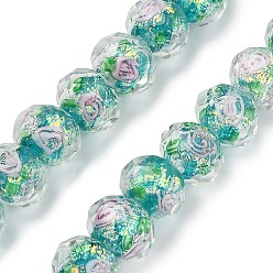 Светлый Морско-зеленый Нити из фольги в технике лэмпворк, RONDELLE с цветком, граненые, светло-зеленый, 9.5~10x7.5~8 мм, отверстие : 1.1~1.5 мм, около 40 шт / нитка, 12.60'' (32 см)