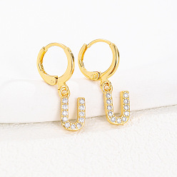 Letter U Латунные серьги-кольца из прозрачного кубического циркония, золотые, Буква U, 25x8 мм