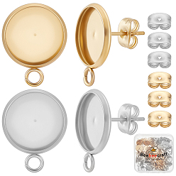 Mixed Color 48Pcs 2 Styles Stainless Steel Stud Earring Findings, with Cabochon Settings, Flat Round, with 48Pcs 2 Styles Stainless Steel Ear Nuts, Mixed Color, 17.5x13.5mm, Hole: 2.5mmTray Size: 12mm
