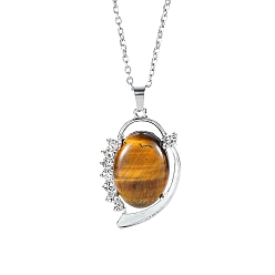Tiger Eye Natural Tiger Eye Pendant Necklaces, with Stainless Ssteel Chains, 19.69 inch(50cm)