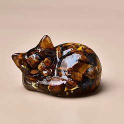 Тигровый глаз Украшение для дисплея спящего кота из смолы, с натуральными чипсами тигрового глаза внутри статуй для украшения домашнего офиса, 38x23 мм