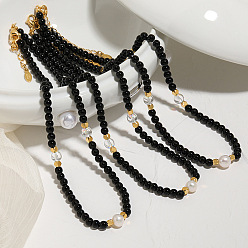 Золотой Элегантные круглые бусины из натурального черного оникса (окрашенного и нагретого), стекла и пресноводного жемчуга, ювелирные изделия из сплава для женщин, золотые