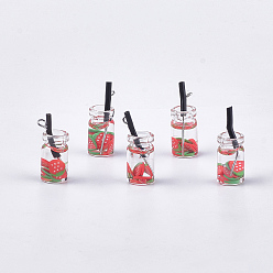 Red Glass Bottle Pendants, with Resin, Plastic and Iron Findings, Fruit Tea Charms, Platinum, Red, 25~28x10mm, Hole: 1.8mm