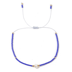 Королевский синий Регулируемые браслеты из плетеного бисера и стеклянных бусин для женщин, с натуральным пресноводным жемчугом и латунью, королевский синий, 11.02 дюйм (28 см)