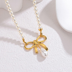 Bowknot Женские бусы-подвески из искусственного жемчуга в форме капли и нержавеющей стали, белые, золотые, бантом, 304 дюйм (15.94 см), Кулон : 40.5 мм