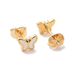 White Enamel Butterfly Stud Earrings with 316L Surgical Stainless Steel Pins, Gold Plated 304 Stainless Steel Jewelry for Women, White, 7.5x5.5mm, Pin: 0.7mm