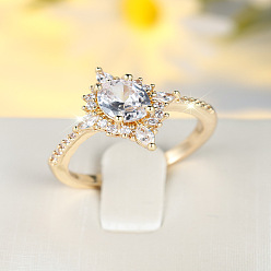 Clear Brass Micro Pave Cubic Zirconia Finger Rings, Flower, Golden, Clear, US Size 7(17.3mm)