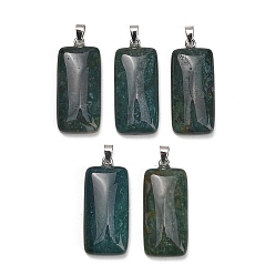 Agate Mousse Naturelles agate pendentifs, charme rectangle, avec 304 mousqueton en acier inoxydable sur les balles, couleur inox, 44~45x19~20x8~9mm, Trou: 7.5x4mm
