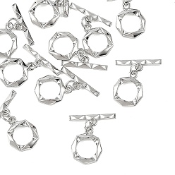 Platinum SHEGRACE Brass OT Toggle Claps, Faceted Hexagon, Cadmium Free & Lead Free & Nickel Free, Long-Lasting Plated, Platinum, Bar: 5.5x20x2mm, Hole: 1.8mm, Ring: 17x13x2.5mm, Hole: 1.8mm