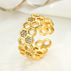 Золотой Модные регулируемые манжеты из латуни с микропаве из кубического циркония, соты, золотые, размер США 3 (14 мм)