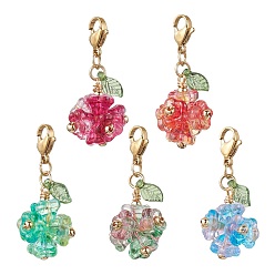 Mixed Color 5Pcs Flower Acrylic & Glass Pendant Decorations, Lobster Claw Clasps Ornaments for Bag Key Chain, Mixed Color, 35mm