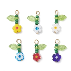 (52) Непрозрачная лаванда 6 шт. 304 подвески-цветы из нержавеющей стали со стеклянными бусинами, с акриловой, реальный 18 k позолоченный, разноцветные, 19x12x3.5 мм, отверстие : 2 мм