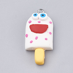 Weiß Handmade Fimo Anhänger, mit  eisernem Zubehör, Eis mit einem Lächeln, Platin Farbe, weiß, 34~35x16~17x8~9 mm, Bohrung: 2 mm