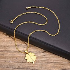 Golden Stainless Steel Pendant Necklaces, Singapore Chains, Clover, Golden, 19.69 inch(50cm)