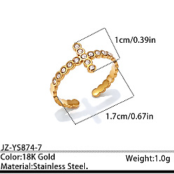 Cross Ocean 304 Stainless Steel Rhinestone Cuff Open Rings, Golden, Cross, 17mm