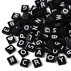 Black Opaque Acrylic Enamel Beads, 2-Hole Beads, Square with Mixed Shapes Pattern, Black, 8.5x8x3.5mm, Hole: 1.4mm, about 1960pcs/500g