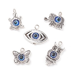 Antique Silver Tibetan Style Alloy Pendants, with Evil Eye Resin Beads, Mixed Shapes, Antique Silver, 13.5~23x11.5~21x4mm, Hole: 1.6~2mm