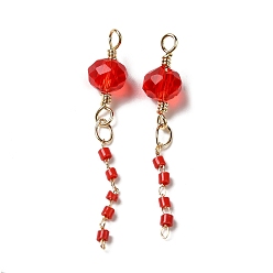 Red Glass Pendants, with Real 18K Gold Plated Brass Loop, Faceted Round Charm, Red, 32x6mm, Hole: 1.2mm