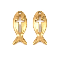 Chapado en Oro Real 18K 304 colgantes de acero inoxidable, peces con amuletos de cruz, revestimiento de iones (ip), real 18 k chapado en oro, 20x8x2 mm, agujero: 1.4 mm