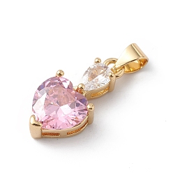 Pink Rack de latón chapado colgantes de óxido de circonio cúbico, larga duración plateado, sin plomo y cadmio, real 18 k chapado en oro, encanto del corazón, rosa, 19x9x6 mm, agujero: 5x3 mm