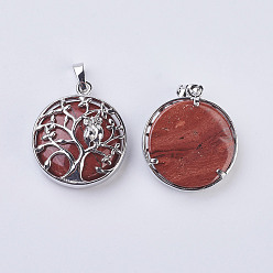 Red Jasper Natural Red Jasper Pendants, with Brass Findings, Flat Round with Tree of Life, Platinum, 31~32x27x8~9mm, Hole: 5x7mm