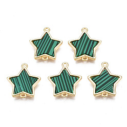 Sea Green Brass Connector Charms, with Synthetic Malachite, Cadmium Free & Nickel Free & Lead Free, Real 18K Gold Plated, Star, Sea Green, 17x15.5x3mm, Hole: 1.2mm