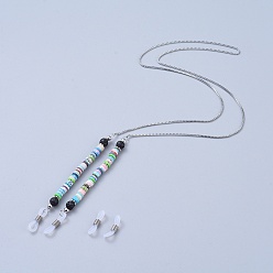 Lava Rock 316 Surgical Stainless Steel Eyeglasses Chains, Neck Strap for Eyeglasses, with Natural Gemstone Beads, Handmade Polymer Clay Beads and Rubber Eyeglass Holders, 29.7 inch(75.5cm)