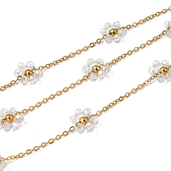 Прозрачный 304 из нержавеющей стали цепи связи цветок, со стеклом, стойки покрытие, долговечный, ионное покрытие (ip), реальный 18 k позолоченный, пайки, с катушкой, прозрачные, 2x1.5x0.4 mm и 7.5x9.5x3 mm