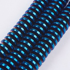Blue Plated Electroplate Non-Magnetic Synthetic Hematite Beads Strands, Heishi Beads, Disc/Flat Round, Blue Plated, 12x4mm, Hole: 1.2mm, about 98~100pcs/strand, 15.1~15.7 inch(38.5~40cm)