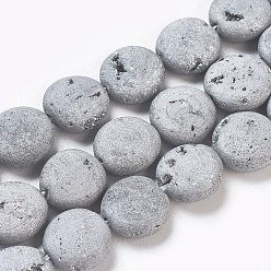 Platinum Plated Electroplated Natural Quartz Crystal Beads Strands, Druzy Geode Crystals, Flat Round, Platinum Plated, 11.5~12.5x5mm, Hole: 1.2mm, about 16pcs/strand, 7.59 inch(19.5cm)