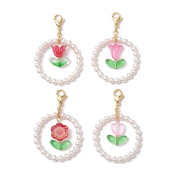 (52) Непрозрачная лаванда 4шт. подвесные украшения из цветочного стекла/акрила и ракушек, с 304 из нержавеющей стали Lobster Claw застежками, разноцветные, 52 мм