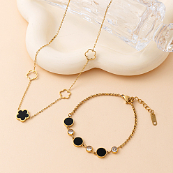 Черный Элегантный 201 комплект украшений из нержавеющей стали, браслеты и ожерелья с цветочным узором из плоских круглых звеньев и кубических цирконий, чёрные