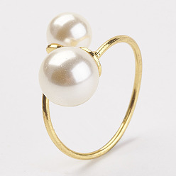 Golden Shell Pearl Cuff Rings, Open Rings, with Brass Findings, White, Golden, Size 8, 18mm