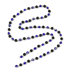 Blue Round Handmade Evil Eye Lampwork Baeded & Natural Lava Rock Beaded Chain, with 304 Stainless Steel Eye Pins, Blue, 993mm