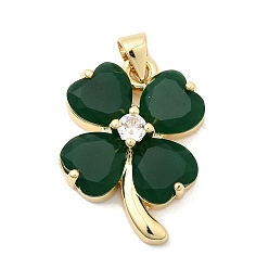 Темно-Зеленый Латунь стекло кулоны, клевер, с кубического циркония, долговечный, стойки покрытие, без свинца и без кадмия, реальный 18 k позолоченный, темно-зеленый, 23x17x6.5 мм, отверстие : 4.5x3.5 мм