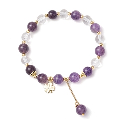 Аметист Эластичные браслеты с круглыми бусинами и кристаллами кварца и аметистами, Браслеты с подвесками из латуни с клевером для женщин для женщин, внутренний диаметр: 2-1/4 дюйм (5.7 см)