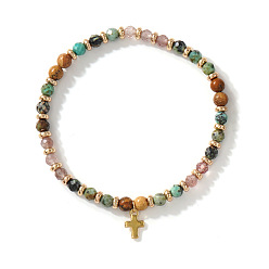Смешанные камни Винтажные латунные браслеты с крестиками-подвесками, браслеты из натуральных смешанных драгоценных камней с круглыми бусинами для женщин и мужчин, 6.89 дюйм (17.5 см)