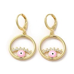 Pink Evil Eye Golden Brass Dangle Leverback Earrings, with Enamel and Cubic Zirconia, Pink, 33.5x18.5mm
