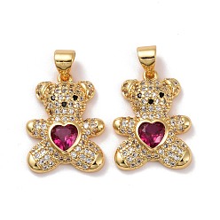 Средний Фиолетово-красный Латунные микро проложить кубического циркония подвески, реальный 18 k позолоченный, без свинца и без кадмия, нести с сердцем, средне фиолетовый красный, 19.5x14.5x4 мм, отверстие : 4x3.5 мм