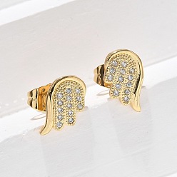 Wing Серьги-гвоздики из латунного микро-паве, долговечный, реальный 18 k позолоченный, крыло, 11x8.5 мм