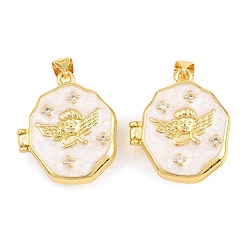 White Brass Locket Pendants, with Enamel & Clear Cubic Zirconia, Cadmium Free & Lead Free, Real 18K Gold Plated, Rack Plating, Long-Lasting Plated, Angel Charms, White, 24x20.5x8mm, Hole: 3x5mm